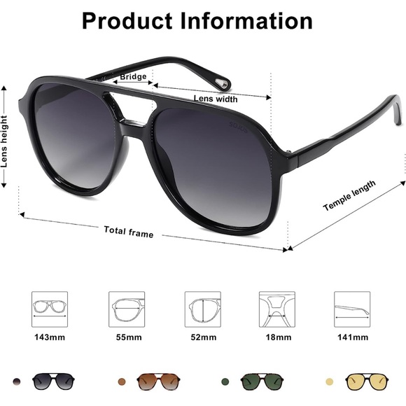 SOJOS Black/Gray Retro Square Polarized Aviator Sunglasses - Picture 5 of 6